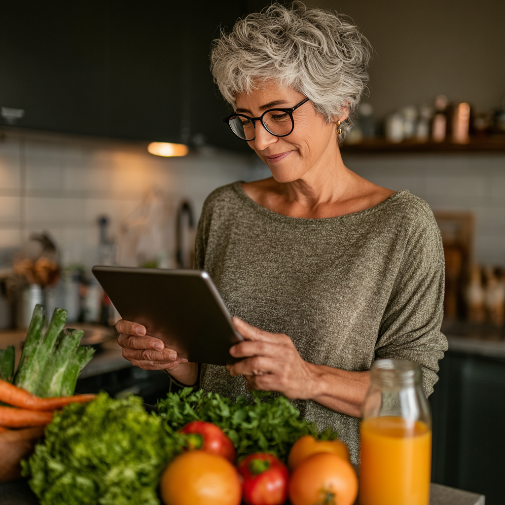 Femeie de 54 de ani pregătind o masă sănătoasă în bucătărie folosind o tabletă cu rețeta