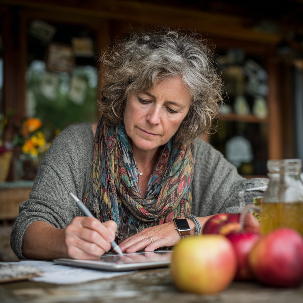 Femeie de 55 de ani completând un formular de obiective nutriționale pe tablet