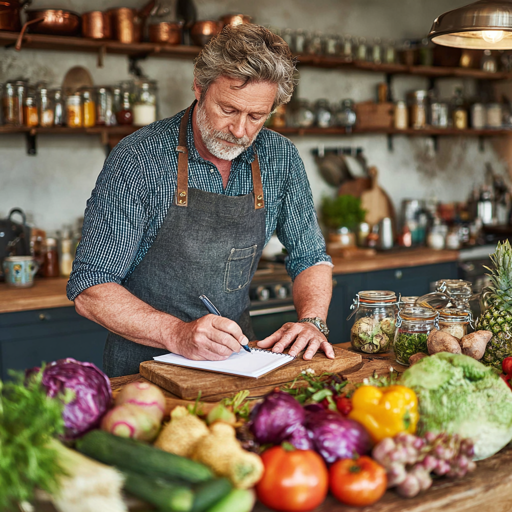 Bărbat de 58 de ani studiind planul său personalizat de nutriție într-o bucătărie modernă