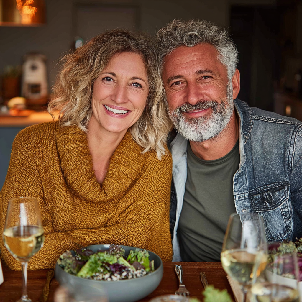 Cuplu de adulți în vârstă de 52 și 56 de ani savurând o masă sănătoasă și zâmbind